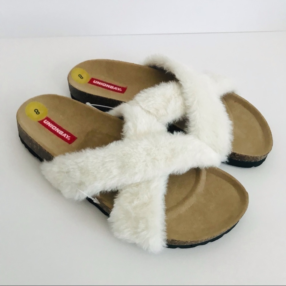 New! Unionbay Faux Fur Cork Crisscross Slip On Slippers Sandals Slides
